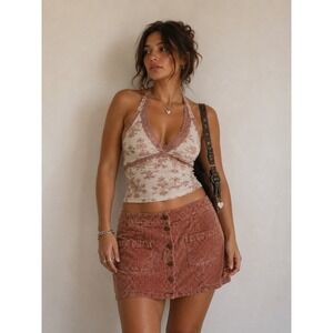 Roxy Dusty Rose Corduroy Mini Skirt XL Button Front Surf Boho Casual